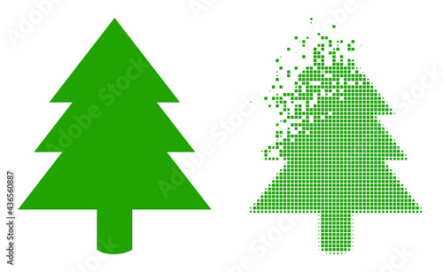 Fractured pixelated fir tree vector icon with wind effect, and original vector image. Pixel explosion effect for fir tree demonstrates speed and movement of cyberspace items.