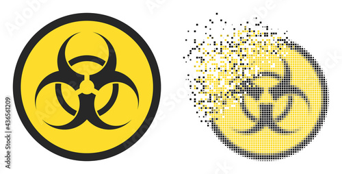 Fractured pixelated biohazard danger vector icon with destruction effect, and original vector image. Pixel dissolving effect for biohazard danger shows speed and movement of cyberspace objects.