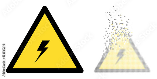 Dispersed dotted electric strike warning vector icon with destruction effect, and original vector image.