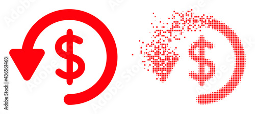 Fractured pixelated refund vector icon with wind effect, and original vector image. Pixel degradation effect for refund demonstrates speed and movement of cyberspace matter.