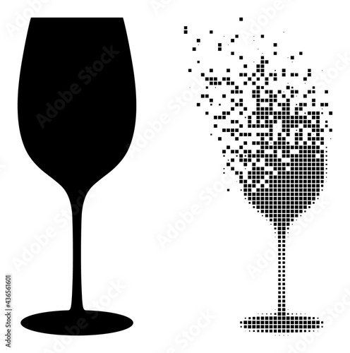 Dispersed dotted wine glass vector icon with destruction effect, and original vector image. Pixel dissipating effect for wine glass shows speed and movement of cyberspace matter.