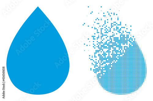 Fractured dotted water drop vector icon with destruction effect, and original vector image. Pixel destruction effect for water drop shows speed and movement of cyberspace items.