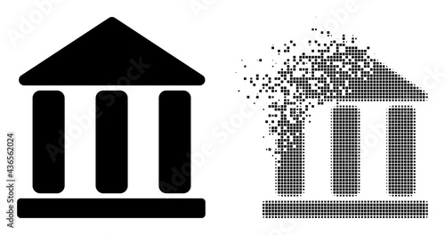 Dispersed dotted library building vector icon with destruction effect, and original vector image. Pixel disappearing effect for library building demonstrates speed and movement of cyberspace concepts.