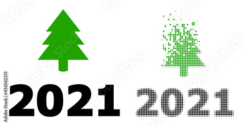 Dispersed pixelated 2021 fir tree vector icon with destruction effect, and original vector image. Pixel disappearing effect for 2021 fir tree demonstrates speed and movement of cyberspace concepts.