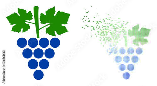 Dispersed dot grapes bunch vector icon with wind effect, and original vector image. Pixel abrasion effect for grapes bunch demonstrates speed and movement of cyberspace matter.