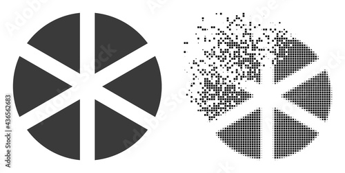 Dispersed dot pizza vector icon with wind effect, and original vector image. Pixel destruction effect for pizza demonstrates speed and motion of cyberspace items.