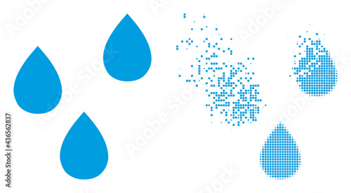 Dispersed dot water drops vector icon with destruction effect, and original vector image. Pixel transformation effect for water drops shows speed and motion of cyberspace matter.
