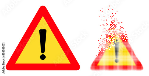 Dispersed dot exclamation alert vector icon with wind effect, and original vector image. Pixel degradation effect for exclamation alert demonstrates speed and motion of cyberspace concepts.