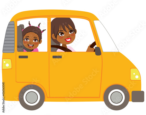Young black mom on yellow car with smiling daughter sitting on the back seat