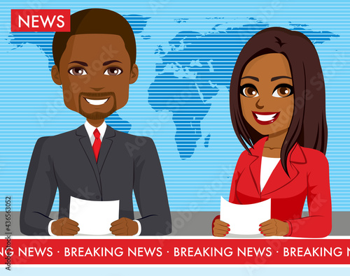 Black male and female newscasters presenting breaking news show