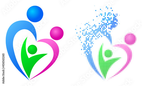 Dispersed dotted family vector icon with wind effect, and original vector image. Pixel degradation effect for family demonstrates speed and motion of cyberspace concepts.