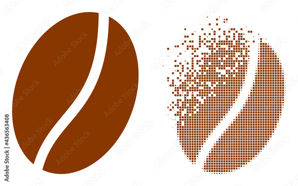 Fototapeta premium Dissolved pixelated coffee bean vector icon with destruction effect, and original vector image. Pixel destruction effect for coffee bean demonstrates speed and movement of cyberspace things.