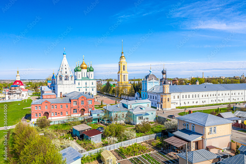 Aerial drone cityscape view of churches and other Orthodox architecture in the old city center of Kolomna, Moscow region, Russia. Assumption Cathedral, Tikhvin Church in Kremlin.