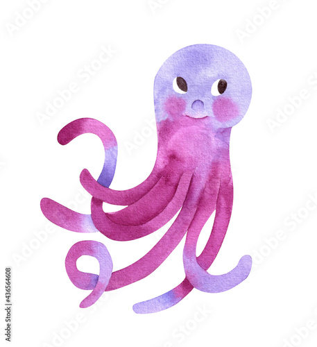 Cute octopus watercolor illustration isolated on white background