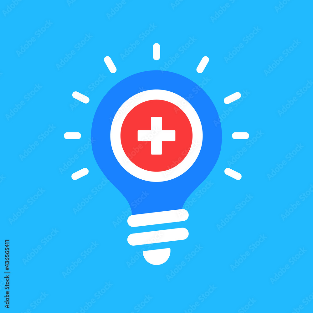 Obraz premium Medical innovations, medical technology, healthcare technology, medtech concepts. Modern medicine. Light bulb with medical cross icon. Vector illustration