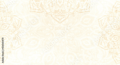 Elegant light cream sandstone background with mandala decorations - copyspace, frame, wedding