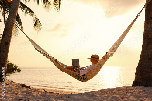 Young woman female freelancer using laptop while lying in hammock on the tropical beach at sunset