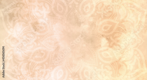 Subtle and light pastel orange, peach textured watercolour background with mandala