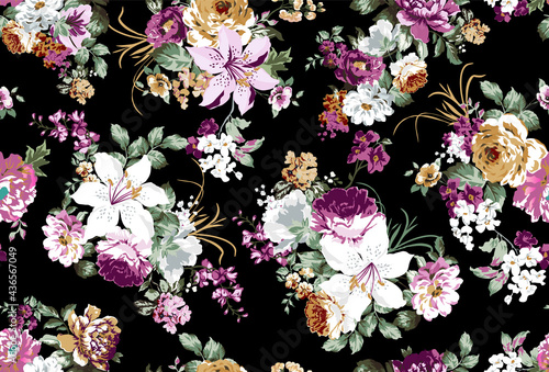 floral pattern with roses and small flowers for classic tapestry, textiles and decoration with vintage flower design