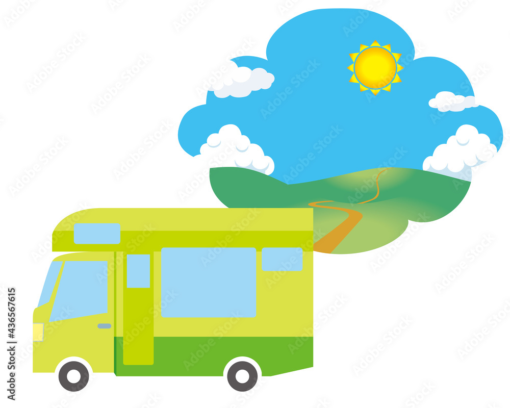 行楽イメージ風景セット可愛い漫画シンプルなタッチのデフォルメした自動車のイラスト キャンピングカー Stock Vector Adobe Stock