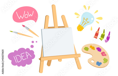 Artists painting supplies cartoon set and sign speech bubble. Hand drawn watercolor palettes brushes, wooden palette easel. Tubes with acrylic paint palette. Back to school. Vector artists equipment