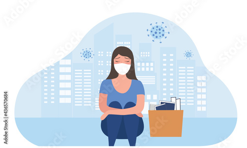 Depressed woman with box, she was fired from job. Unemployment, economic crisis, economic downturn, jobless, lay off concept after covid-19 pandemic outbreak vector illustration