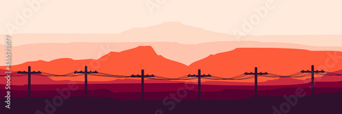 silhouette of electric pole engineering in sunset mountain landscape vector illustration good for wallpaper, background, design template and banner template