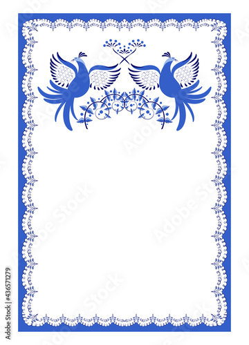 Traditional blue porcelain painting set cards. Wedding Invitation, floral invite design in rectangular frame with flower birds leaves branches. Decorative elegant rustic template.