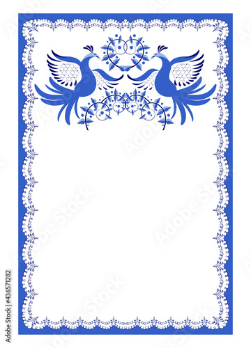 Ethnic blue porcelain painting set cards. Wedding Invitation, floral invite thank you modern card design vertical frame with flower birds leaf branches. Decorative rustic template.
