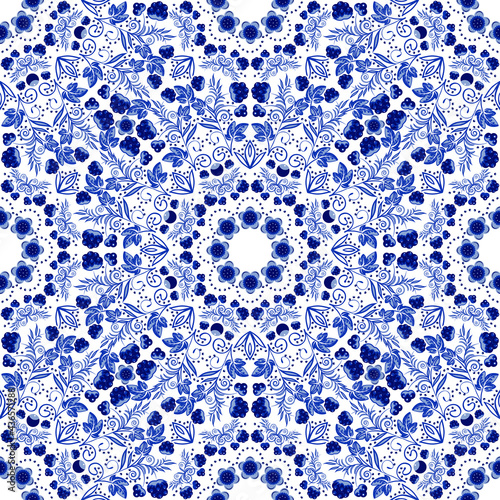 Blue Seamless floral pattern. Design pattern of circular ornaments. Blue ornament of berries and flowers in the style of Chinese painting on porcelain.