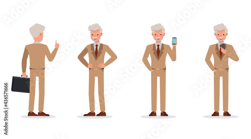 Old businessman working in office character vector design. Presentation in various action.