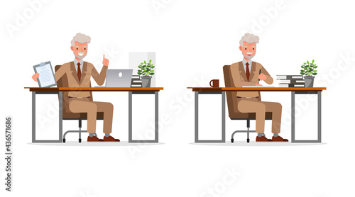 Old businessman working in office character vector design. Presentation in various action.