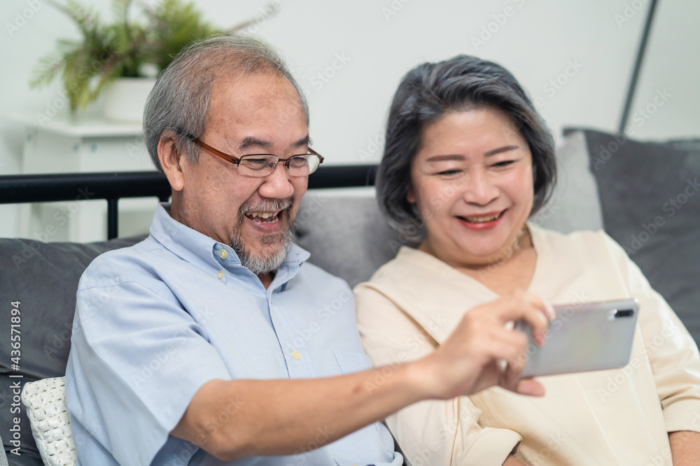 Obraz premium Happy Senior older grandparent couple virtual video call with family.