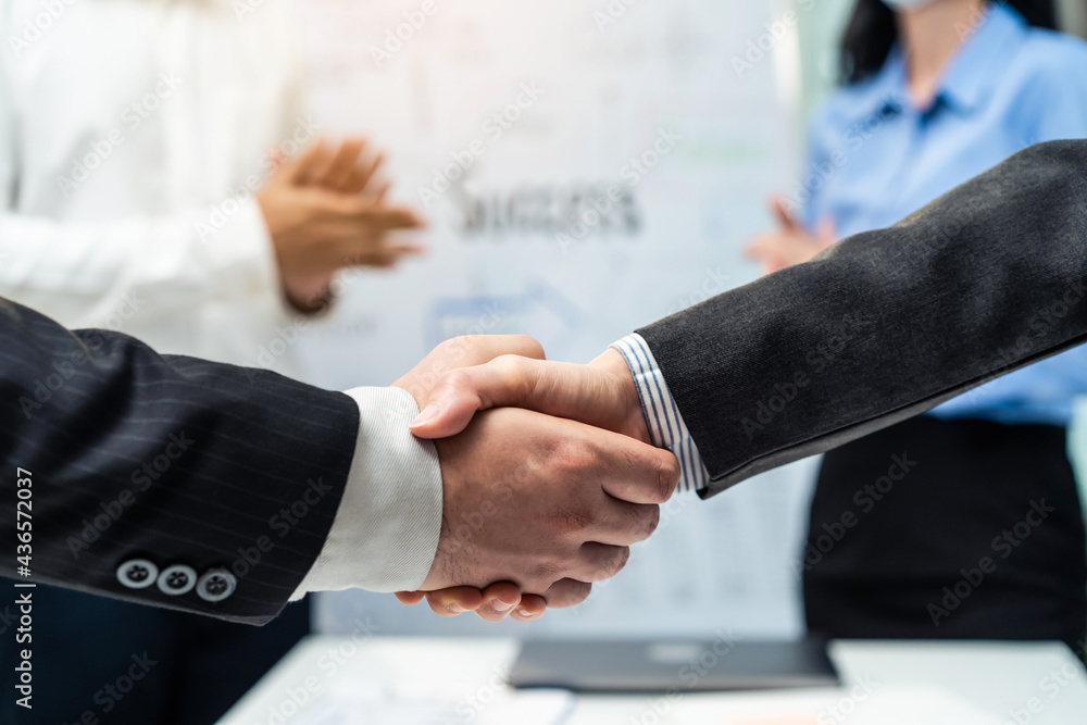 Businesspeople handshake after deal agreement, Employee team clap hand