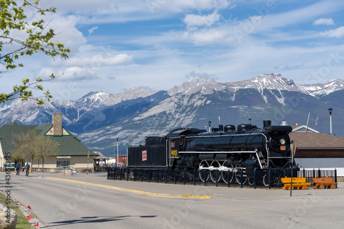 Decoration steam locomotive outside the Jasper train station. Jasper, Alberta, Canada. photo