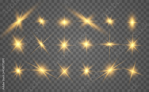 	
Set of gold bright beautiful stars. Light effect Bright Star. Beautiful light for illustration. Christmas star. White sparks sparkle with a special light. Vector sparkles on transparent background
