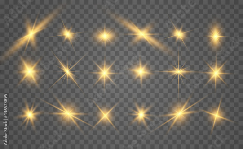  Set of gold bright beautiful stars. Light effect Bright Star. Beautiful light for illustration. Christmas star. White sparks sparkle with a special light. Vector sparkles on transparent background