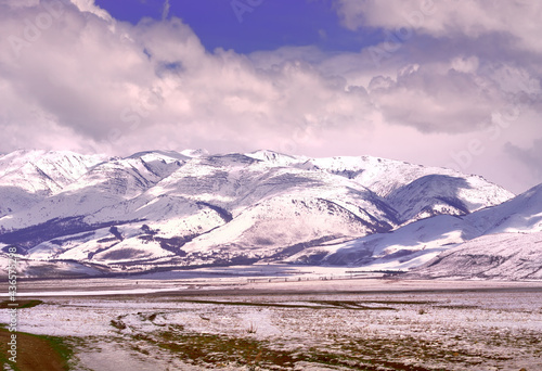 Kurai steppe in spring. Remnants of snow among the dry grass, snow-capped mountains of the North Chui range under a cloudy sky. Gorny Altai, Siberia, Russia