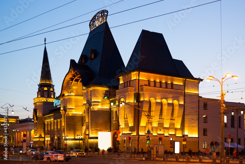 Night view of Yaroslavsky station, one of main railway stations of Moscow. Big letters on facade - title Yaroslavsky railway station