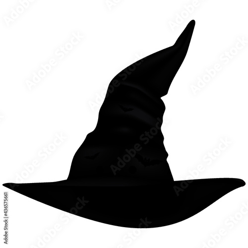 black hat isolated on white. Illustration of a Halloween witch hat. magician hat, cone shaped 3d hat