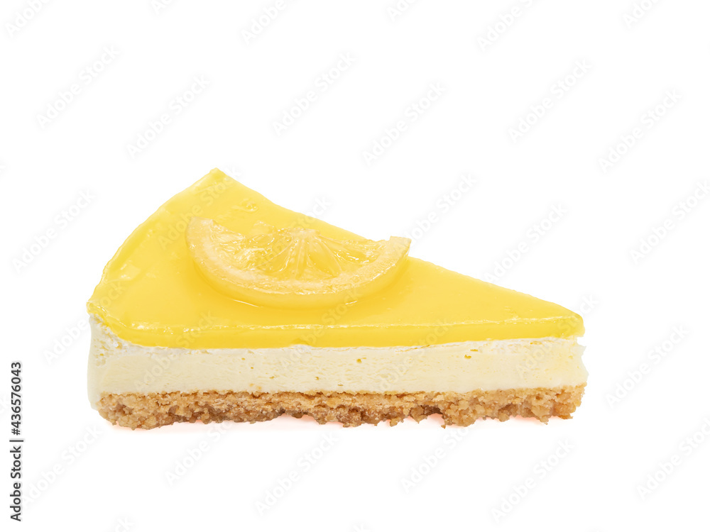 Lemon cheesecake, a close up of homemade sliced cheese cake bakery isolated on white background. Lemon cheesecake, a close up of homemade sliced cheese cake bakery isolated on white background.