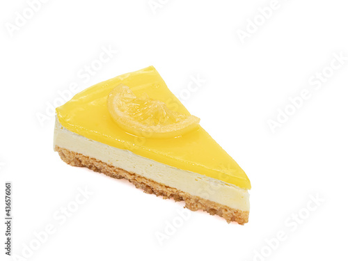 Lemon cheesecake, a close up of homemade sliced cheese cake bakery isolated on white background.