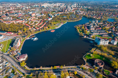 Aerial top view cityscape Kaliningrad Russia upper round lake