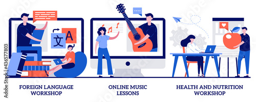 Foreign language workshop, online music lesson, health and nutrition workshop concept with tiny people. Supplementary education vector illustration set. Native speaker course, learn cooking metaphor
