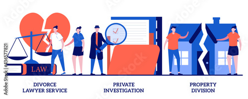 Divorce lawyer, private investigation, property division concept with tiny people. Legal service and investigation vector illustration set. Family lawyer, detective agency, separation metaphor