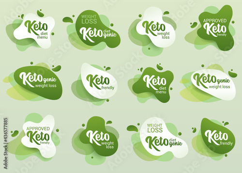 Keto frendly badge set. Green amoeba design of sticker for keto diet menu, poster, flyer.