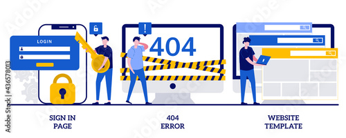 Sign in page, 404 error, website template concept with tiny people. Website page interface vector illustration set. User login form, UI, new account registration, landing page, web design metaphor