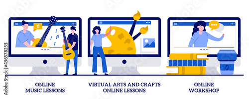 Online music lessons, virtual arts and crafts online lessons, online workshop concept with tiny people. Online education while self-isolation vector illustration set. Free master classes metaphor