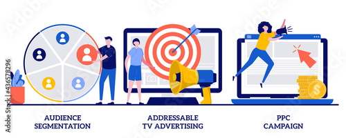 Audience segmentation, addressable tv advertising, ppc campaign concept with tiny people. Targeted promotion, SEO, digital marketing vector illustration set. Geotargeting, CPC advertisement metaphor