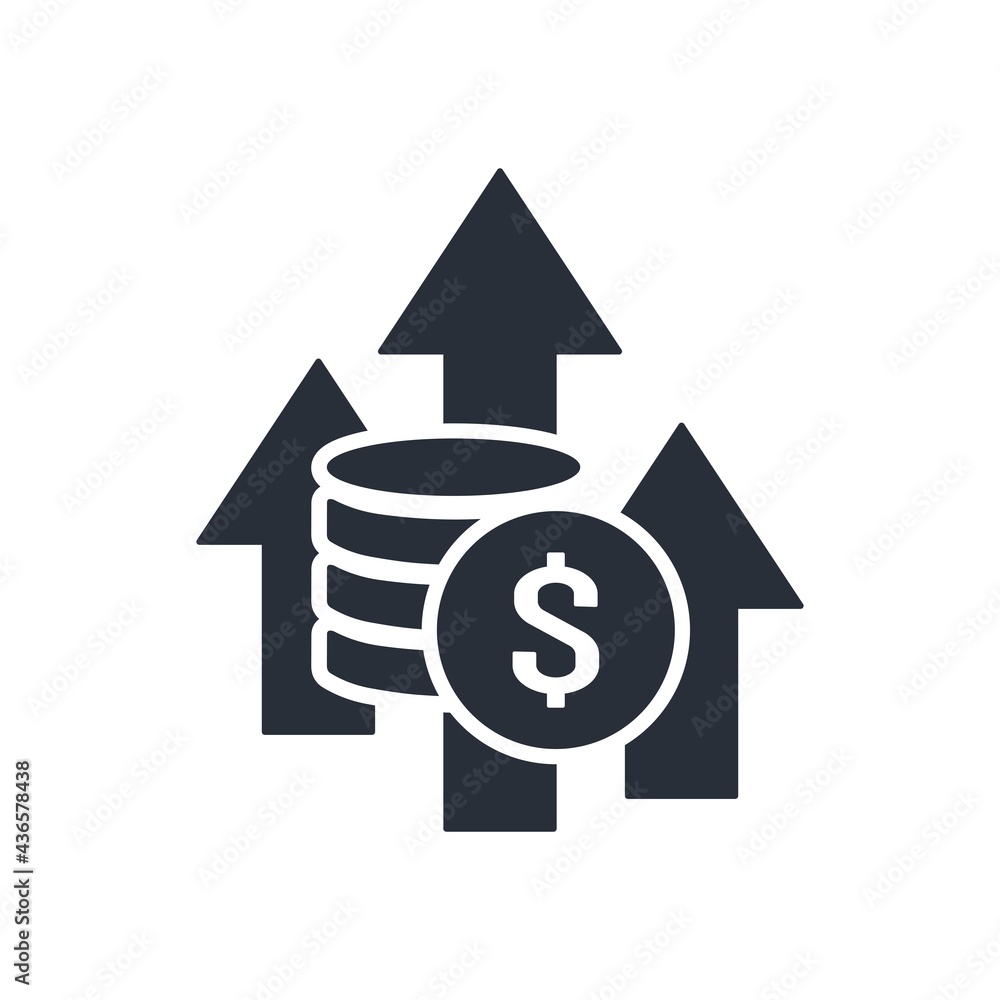 Arrows to the top and a stack of dollar coins. Financial integration of management and control. Vector icon isolated on white background. Arrows to the top and a stack of dollar coins. Financial integration of management and control. Vector icon isolated on white background.